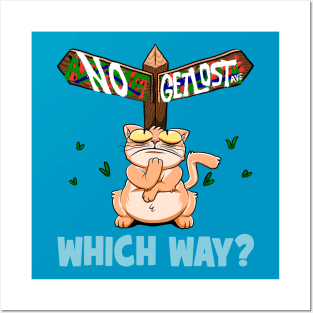 Which Way? | Funny Fat Orange Cat Lost Directional Wooden Sign Posters and Art